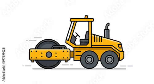 Yellow Road Roller Illustration with Black Outlines and Details, Vector Art