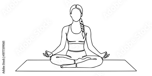 Continuous one line drawing of a woman sitting in a lotus yoga pose for meditation, a minimalist black and white sketch representing wellness, Aerobic sport girl exercise for modern healthy lifestyle.