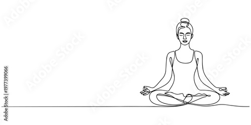 Continuous one line drawing of a woman sitting in a lotus yoga pose for meditation, a minimalist black and white sketch representing wellness, Aerobic sport girl exercise for modern healthy lifestyle.