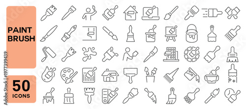 Set of 50 line icons related to paint brush, brush, wide brush, paint bucket, small brush, bristle, brushes, Editable stroke. Vector illustration