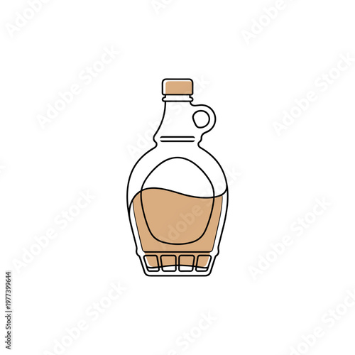 Glass bottle of maple syrup with cork stopper and brown liquid  