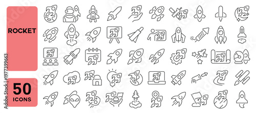 Set of 50 line icons related to rocket, space ship, launch rocket, spacecraft, missile, rockets, shuttle, Editable stroke. Vector illustration