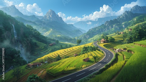 A breathtaking landscape capturing the harmony between nature and human life. The image shows golden-green terraced fields carved into steep hillsides, with small traditional houses scattered