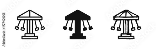 Swing Carousel Icon Set for Fairgrounds, Outline, Solid, and Doodle Styles, Amusement Park Ride Vector Icons