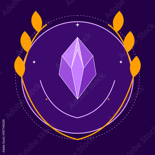 Mystical Crystal Emblem with Sacred Geometry and Golden Leaves on Purple Background