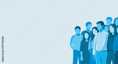 Friendship Day Diverse group of young people standing together in a line looking forward flat vector illustration with blue monochromatic tones