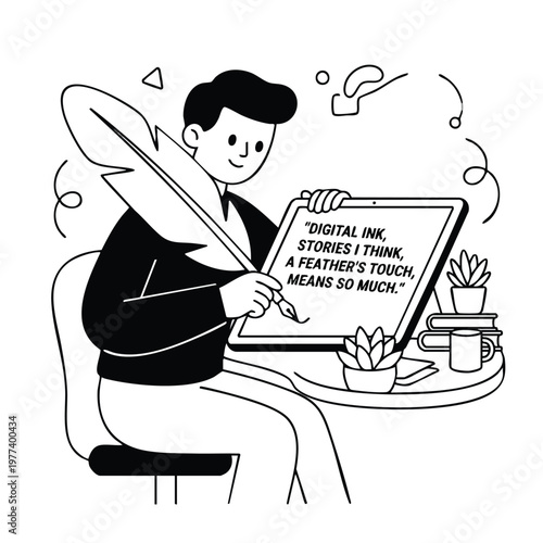 Man writing digital stories with feather pen on tablet.