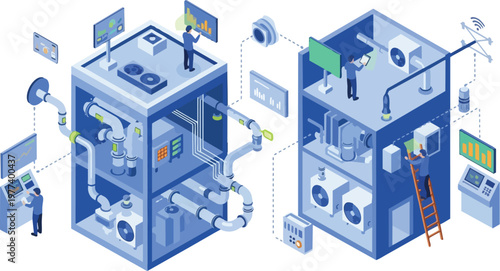 Smart HVAC System and Industrial Climate Control Isometric Illustration with Digital Monitoring, IoT Connectivity, and Facility Maintenance by Technicians