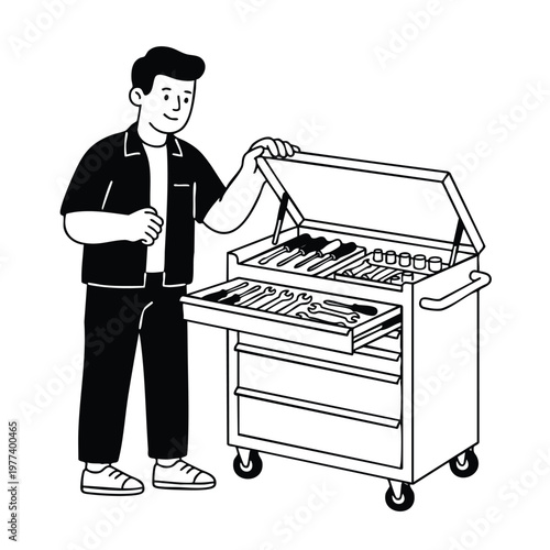 Mechanic Organizing Tools in a Rolling Toolbox.