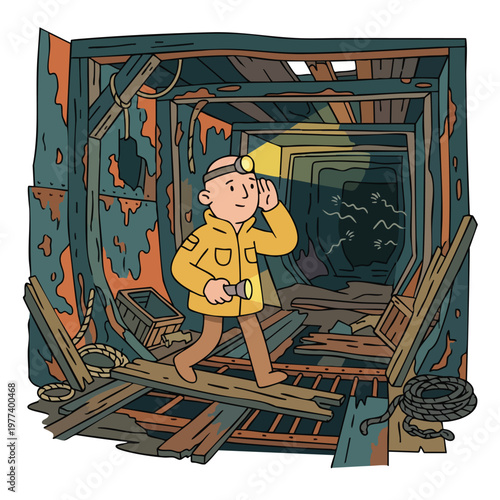 Miner with Headlamp and Flashlight Exploring Dark Tunnel.