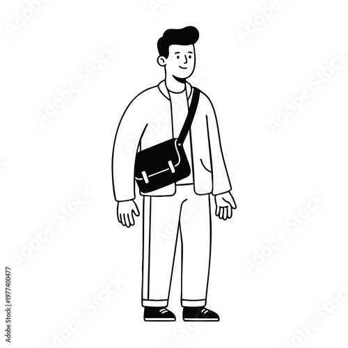 Modern Young Man with Messenger Bag Standing Confidently.