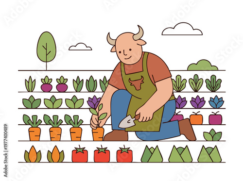 Minotaur farmer planting seedlings in a garden.
