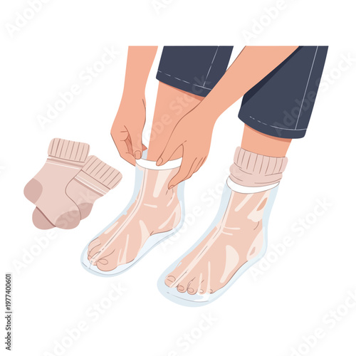 Person applying moisturizing socks to feet for skincare.