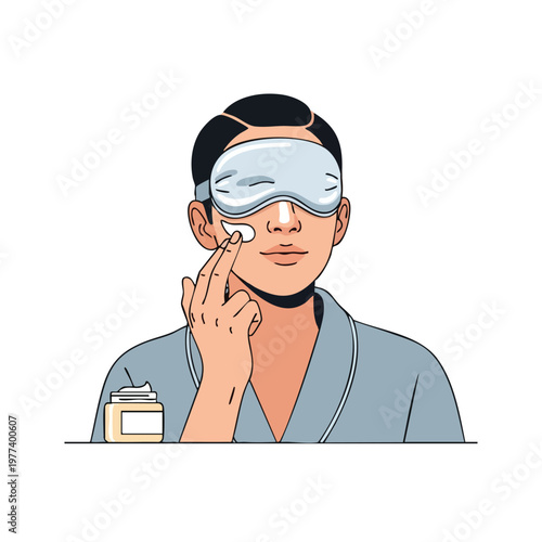 Person Applying Skincare Cream with Eye Mask.