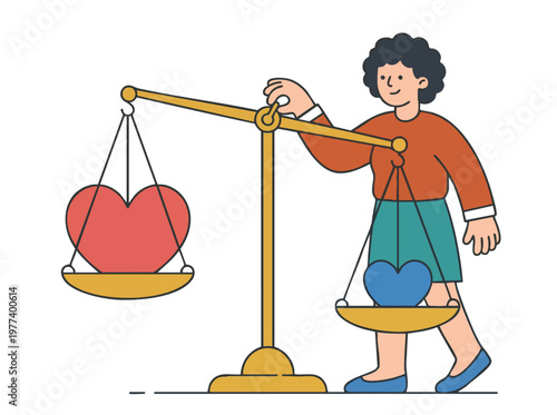 Person balancing hearts on a scale of justice.