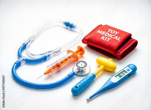 colorful toy doctor kit on white