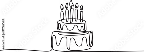 Continuous one line drawing of birthday cake with candles One line draw graphic design vector