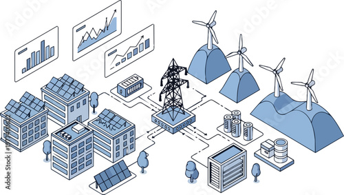 Isometric Smart Grid and Renewable Energy Infrastructure Illustration with Solar Panels, Wind Turbines, and Data Analytics for Sustainable Green Power