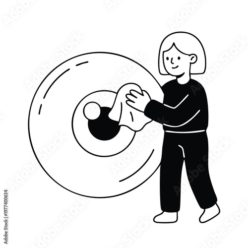 Person cleaning a large eye illustration.
