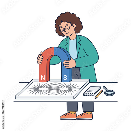 Person demonstrating magnetic field lines with horseshoe magnet.