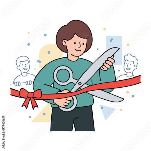 Person cutting red ribbon with large scissors for grand opening event.