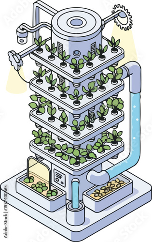 Futuristic Isometric Vertical Farming System Illustration for Sustainable Urban Agriculture and Smart Hydroponic Gardening Concept