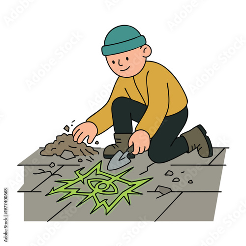 Person digging and drawing a symbol on the ground.