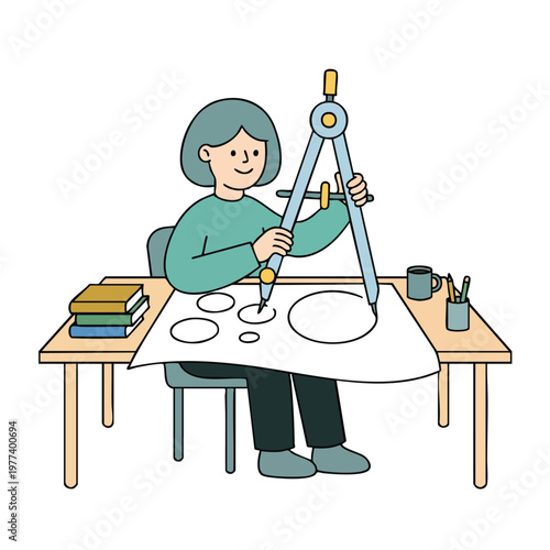 Person diligently drawing circles with a compass at a desk.
