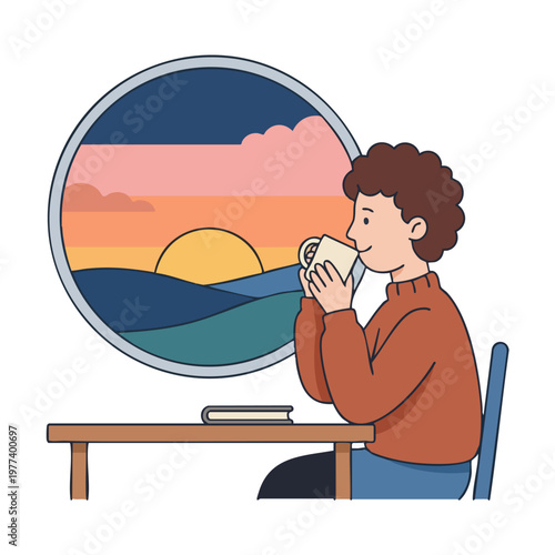 Person enjoying a warm beverage by the window.
