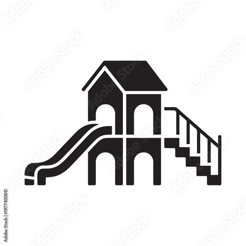 Simple black silhouette of a children s playground structure with a slide