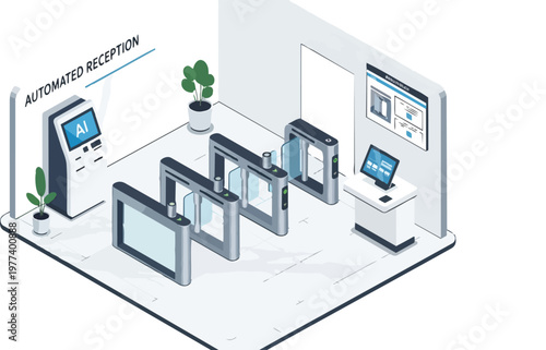 Isometric Automated Reception and AI Check-in System with Security Turnstiles