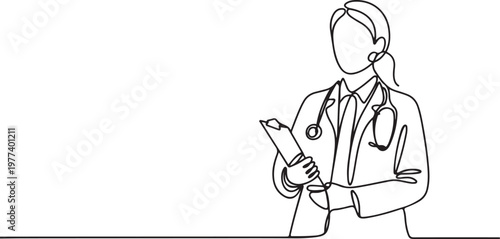 Continuous one line drawing professional confident young lady doctor with white coat. Scientist concept. One line draw graphic design vector