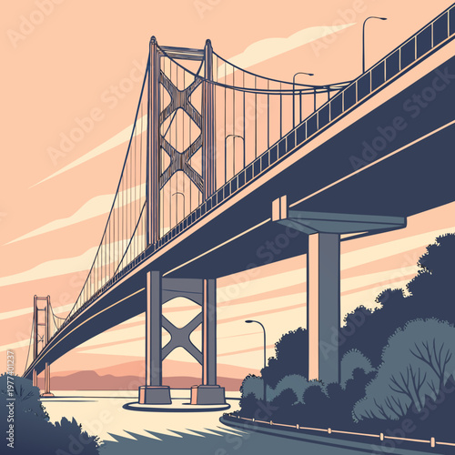 A stylized illustration depicts a grand suspension bridge extending across a body of water under a warm gradient sky high quality professional