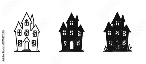 Haunted House Icons Set - Line, Silhouette, and Hand-Drawn Styles for Halloween and Spooky Design
