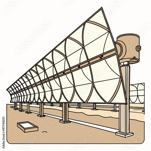 An illustrative depiction showcases a large concentrating solar power plant with curved mirrors focusing sunlight onto a central receiver high quality professional