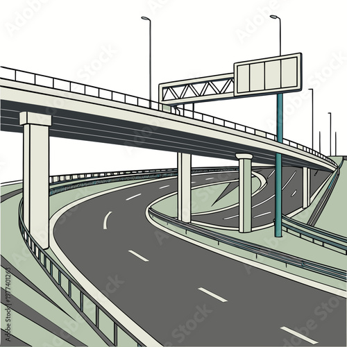 A stylized illustration depicts a curved highway overpass with supporting pillars and a large blank billboard structure high quality professional detailed modern