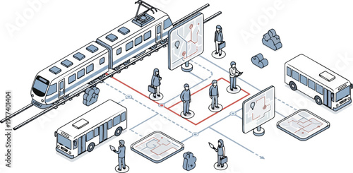 Isometric Smart City Transportation Network with Train, Bus, and Commuters navigating via Digital Maps