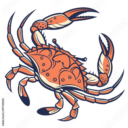 A vibrant stylized illustration depicts an orange and blue crab with large claws positioned dynamically with legs extended high quality professional detailed