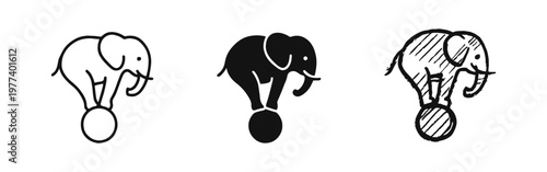 Circus Elephant on Ball Icons Set - Line, Silhouette, and Sketch Styles for Entertainment and Animal Themes