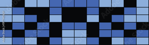 Abstract digital pixel art pattern with blue and black square tiles