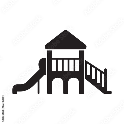 Simple black silhouette of a children s playground with slide and tower