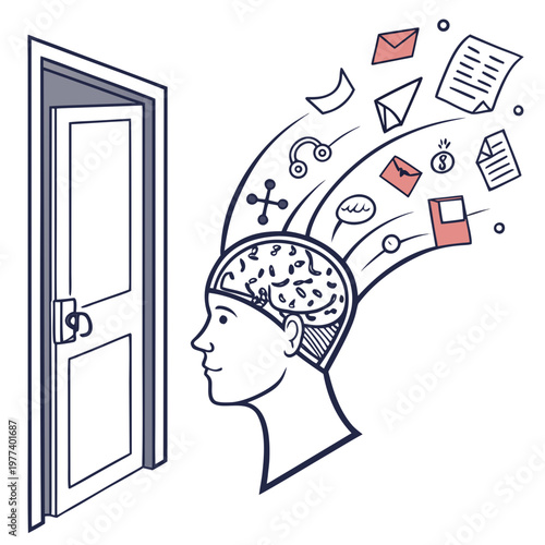 An open doorway reveals a flood of ideas erupting from a person s mind conceptually symbolizing innovation and thought processes high quality
