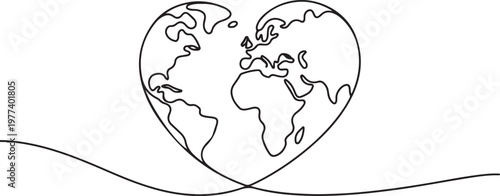Earth globe continuous line drawing of the heart shape. Love world map one line art