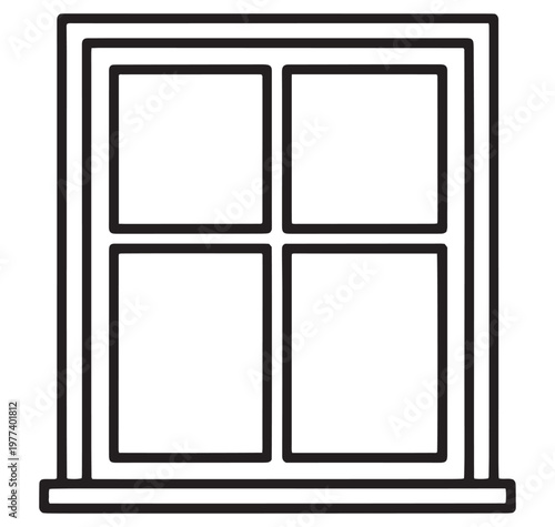 line drawing of a closed four pane window with frame and sill