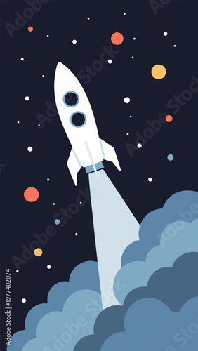 Modern flat vector rocket launch mobile wallpaper featuring a spaceship ascending past celestial bodies in a deep space setting