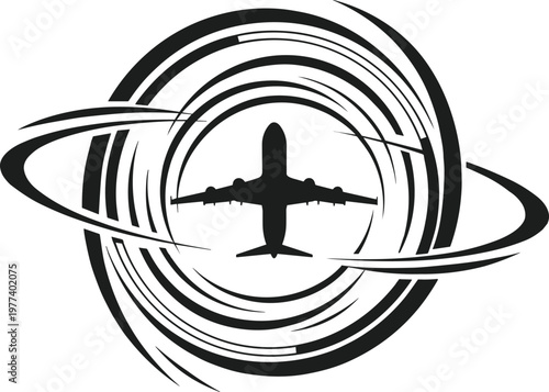 Abstract Aviation Logo Vector Illustration Featuring a Passenger Airplane Silhouette Centered Within Dynamic Swirling Orbit Rings for Modern Airline Branding and Global Transport Identity.
