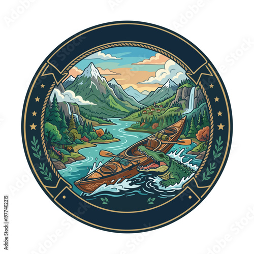 Kayak illustration, kayak crocodile attack, kayaking clipart