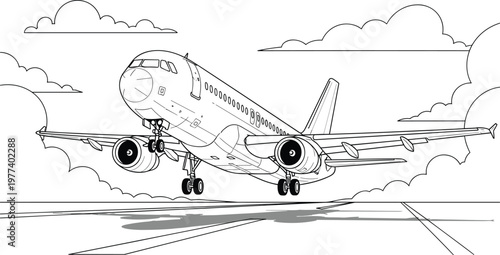 Commercial Airplane Landing on Runway Coloring Page Vector Illustration Featuring a Large Passenger Jet Aircraft for Aviation Transport and Kids Activity Book Graphic Design.
