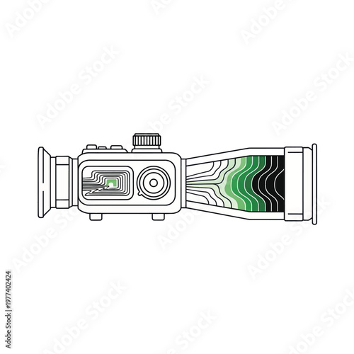 Illustration of a handheld camera with long zoom lens and green pattern.
