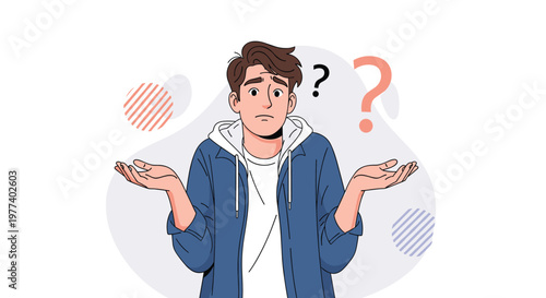 Confused young man shrugging his shoulders with question marks around him represents uncertainty and doubt.